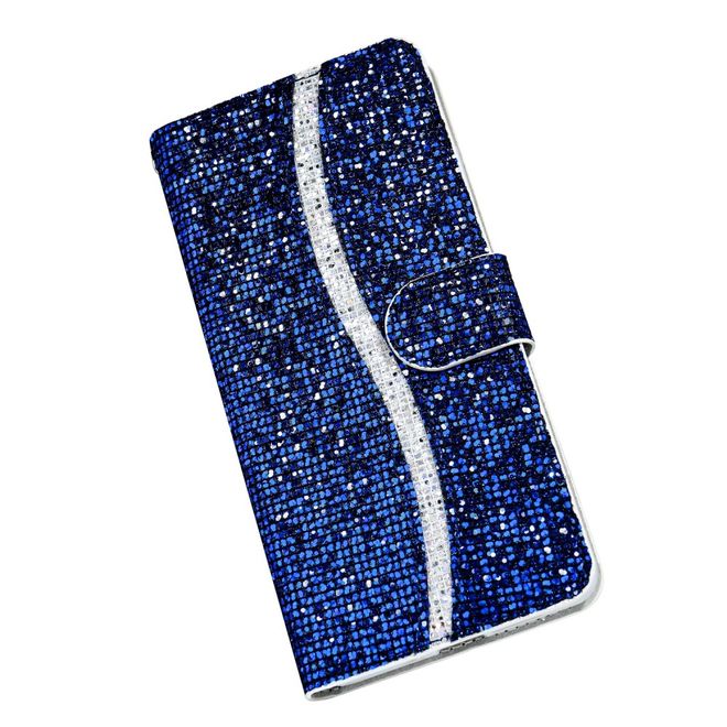 iPhone SE (2022) / SE (2020) / 8 / 7 Phone Case - Leather Glitter Case with Stripes - Blue