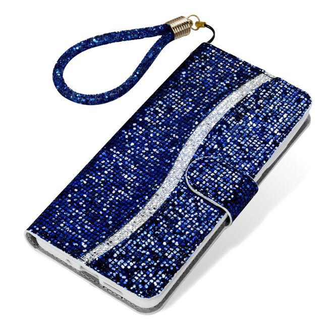 iPhone SE (2022) / SE (2020) / 8 / 7 Phone Case - Leather Glitter Case with Stripes - Blue