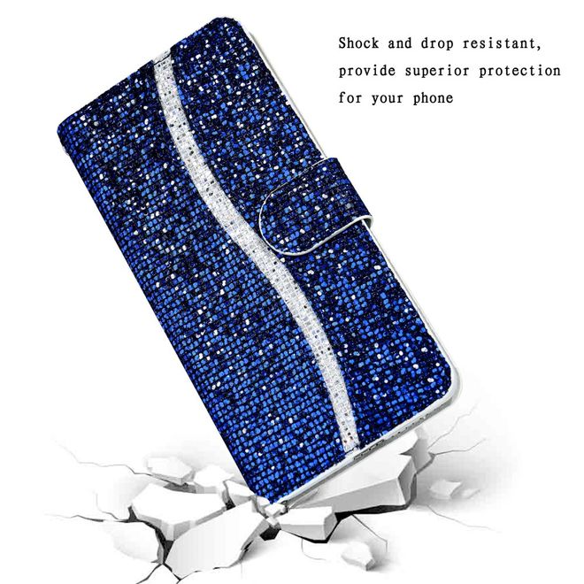 iPhone SE (2022) / SE (2020) / 8 / 7 Phone Case - Leather Glitter Case with Stripes - Blue