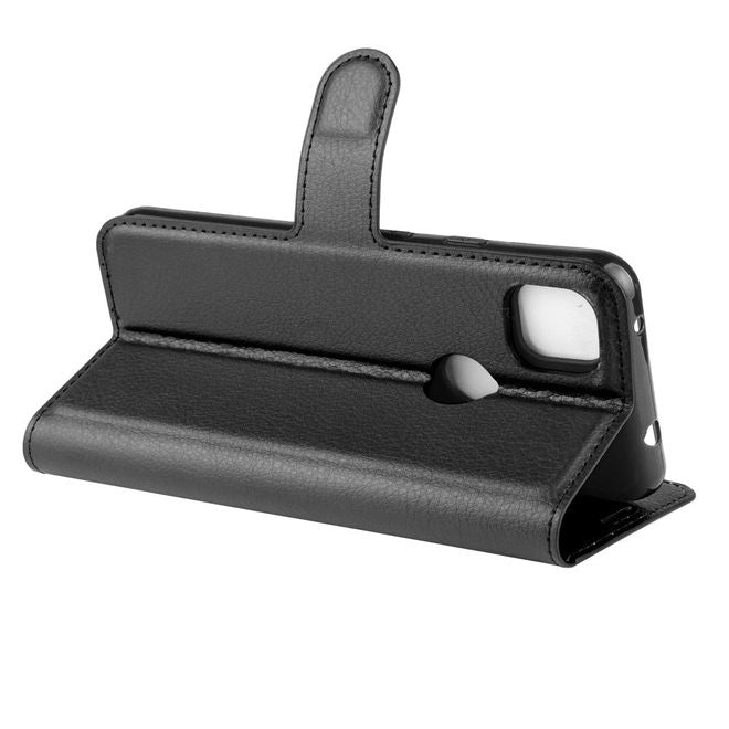 Google Pixel 4a Handy Hülle - Litchi Leder Bookcover Series - schwarz