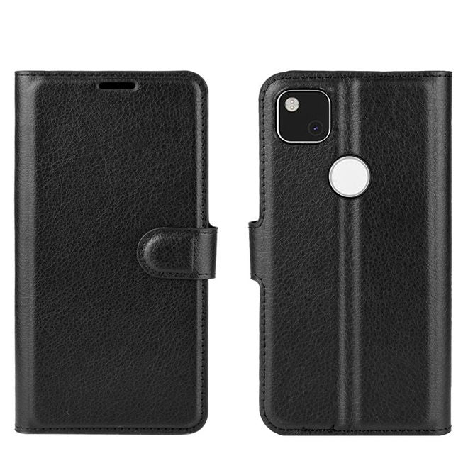 Google Pixel 4a Handy Hülle - Litchi Leder Bookcover Series - schwarz
