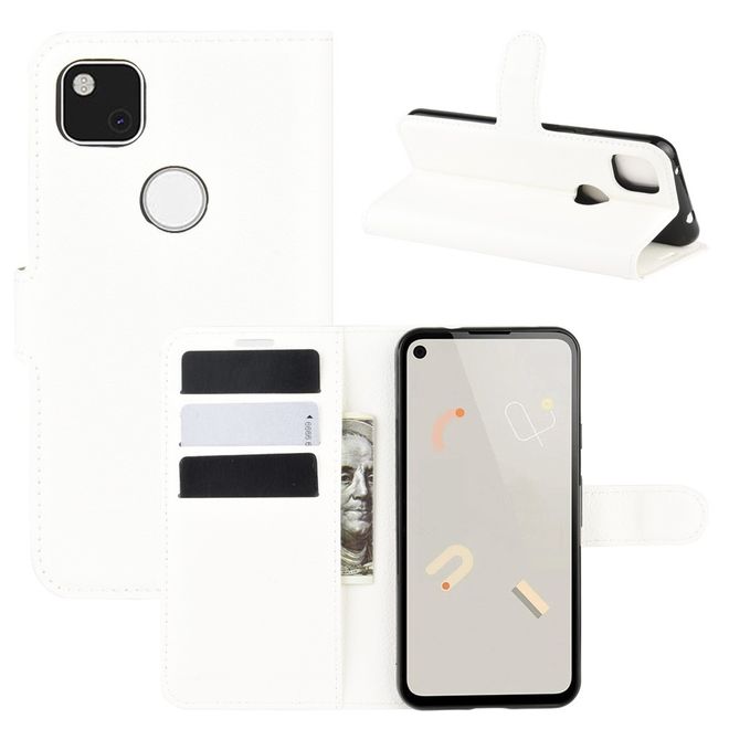 Google Pixel 4a Handy Hülle - Litchi Leder Bookcover Series - weiss