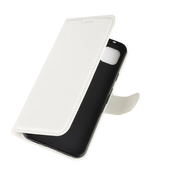 Google Pixel 4a Handy Hülle - Litchi Leder Bookcover Series - weiss