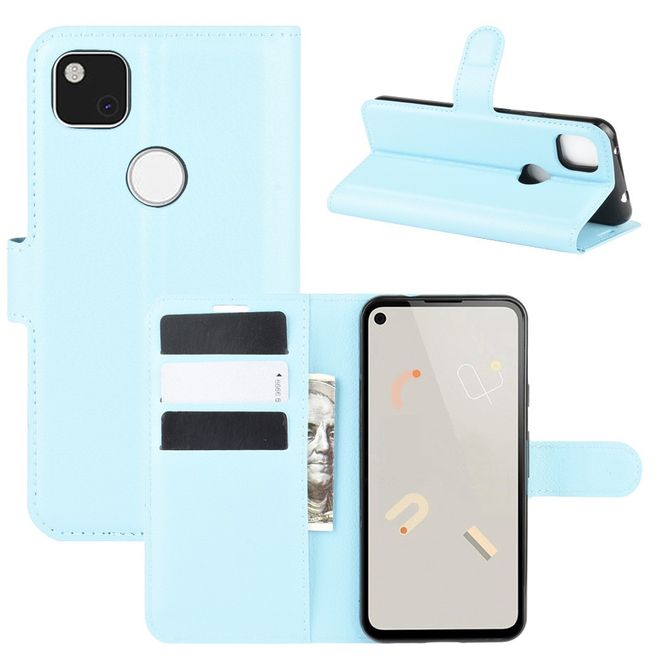Google Pixel 4a Handy Hülle - Litchi Leder Bookcover Series - blau