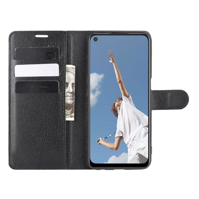 Oppo A52 Handy Hülle - Litchi Leder Bookcover Series - schwarz