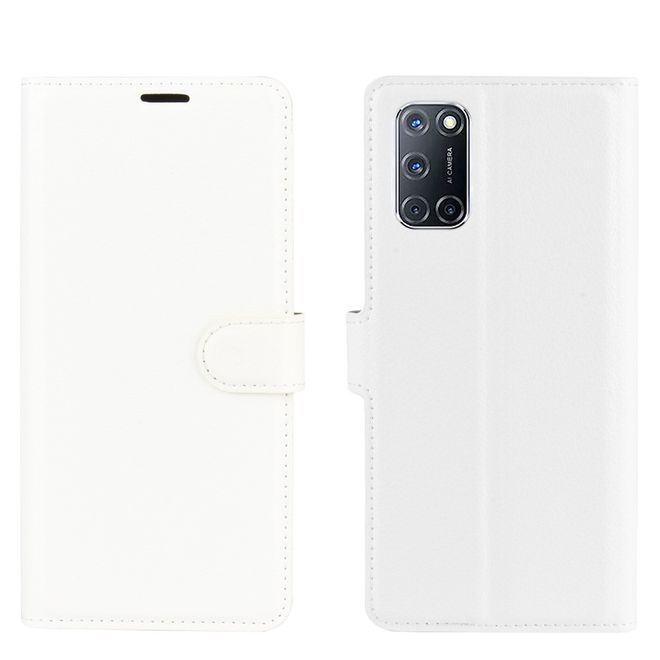 Oppo A52 Handy Hülle - Litchi Leder Bookcover Series - weiss
