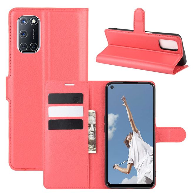 Oppo A52 Handy Hülle - Litchi Leder Bookcover Series - rot