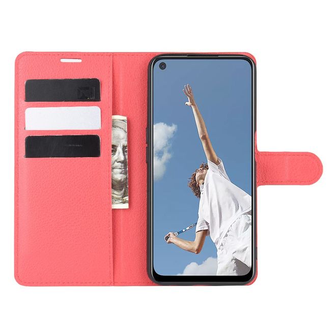 Oppo A52 Handy Hülle - Litchi Leder Bookcover Series - rot