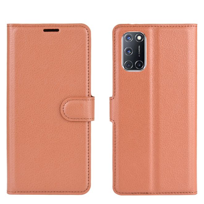 Oppo A52 Handy Hülle - Litchi Leder Bookcover Series - braun