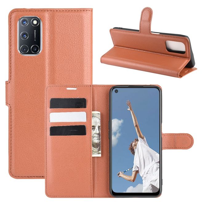Oppo A52 Handy Hülle - Litchi Leder Bookcover Series - braun