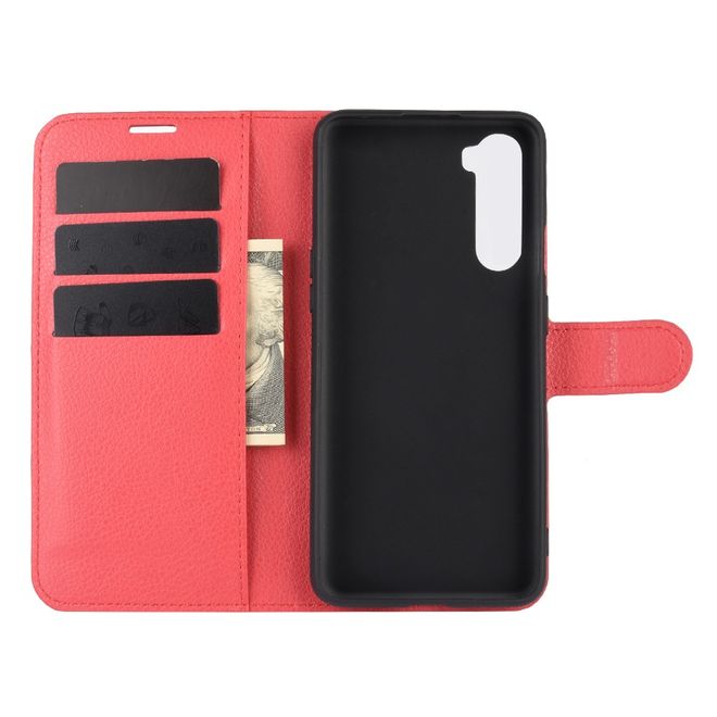 OnePlus Nord Handy Hülle - Litchi Leder Bookcover Series - rot
