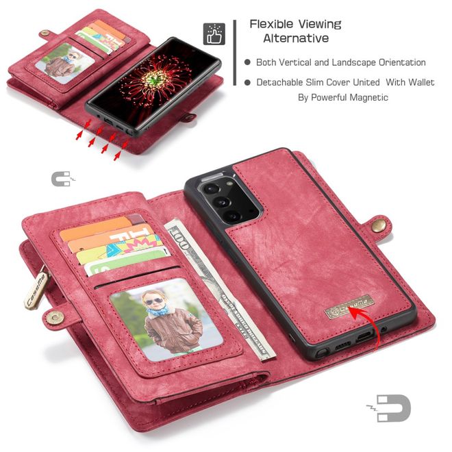 Caseme - Samsung Galaxy Note 20 Handyhülle - Leder Portemonnaie mit abnehmbarer Plastik Hülle - rot