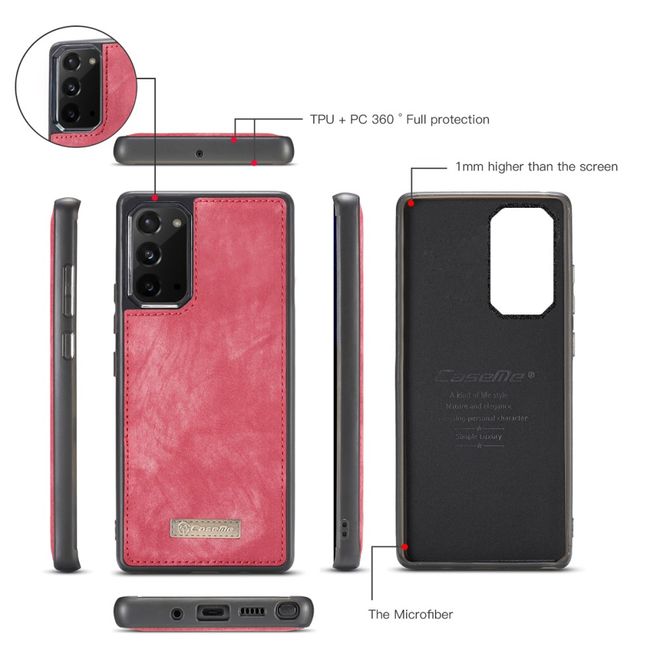 Caseme - Samsung Galaxy Note 20 Handyhülle - Leder Portemonnaie mit abnehmbarer Plastik Hülle - rot