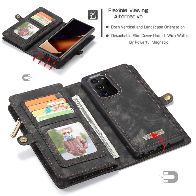 Caseme - Samsung Galaxy Note 20 Ultra Handyhülle - Leder Portemonnaie mit abnehmbarer Plastik Hülle - schwarz