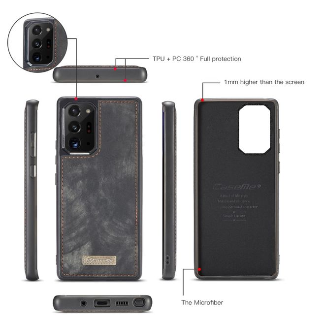 Caseme - Samsung Galaxy Note 20 Ultra Handyhülle - Leder Portemonnaie mit abnehmbarer Plastik Hülle - schwarz