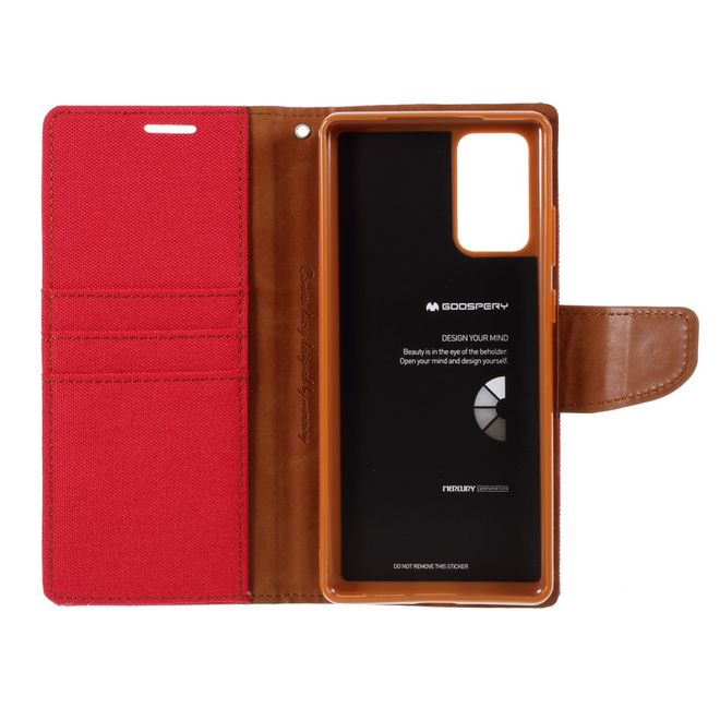 Goospery - Samsung Galaxy Note 20 Hülle - Leder/Stoff Case - Canvas Diary Series - rot/camel
