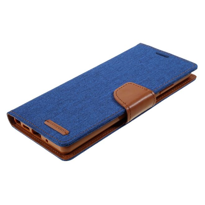 Goospery - Samsung Galaxy Note 20 Hülle - Leder/Stoff Case - Canvas Diary Series - blau/camel