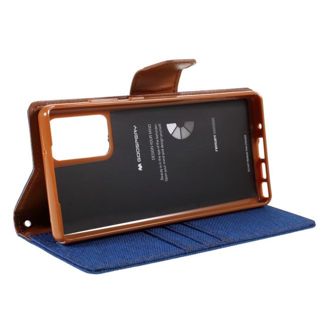 Goospery - Samsung Galaxy Note 20 Hülle - Leder/Stoff Case - Canvas Diary Series - blau/camel