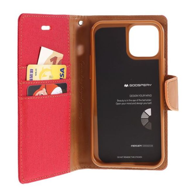 Goospery - iPhone 12 Pro Max Hülle - Leder/Stoff Case - Canvas Diary Series - rot/camel