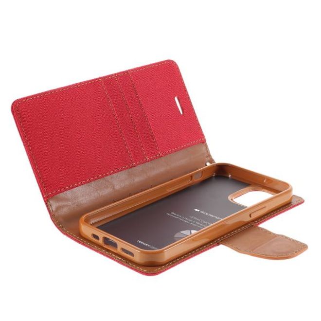 Goospery - iPhone 12 Pro Max Hülle - Leder/Stoff Case - Canvas Diary Series - rot/camel