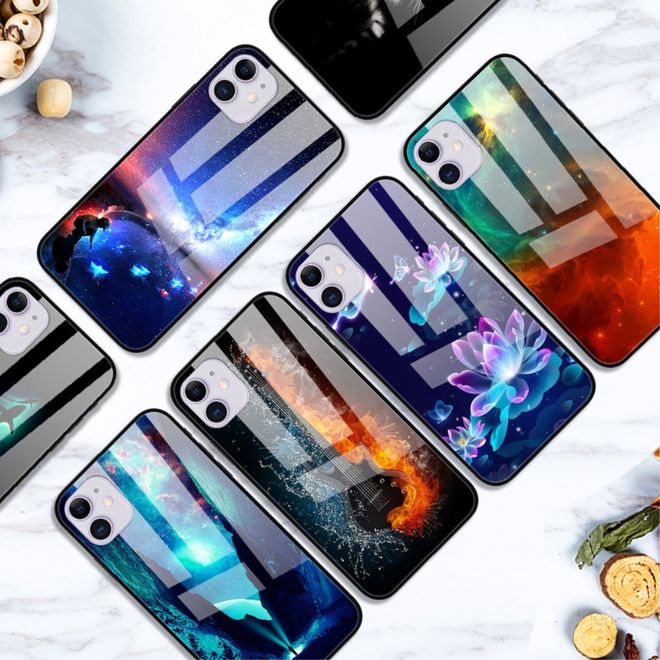 iPhone 12 mini Handyhülle - Backcover aus gehärtetem Glas - blaue Blume