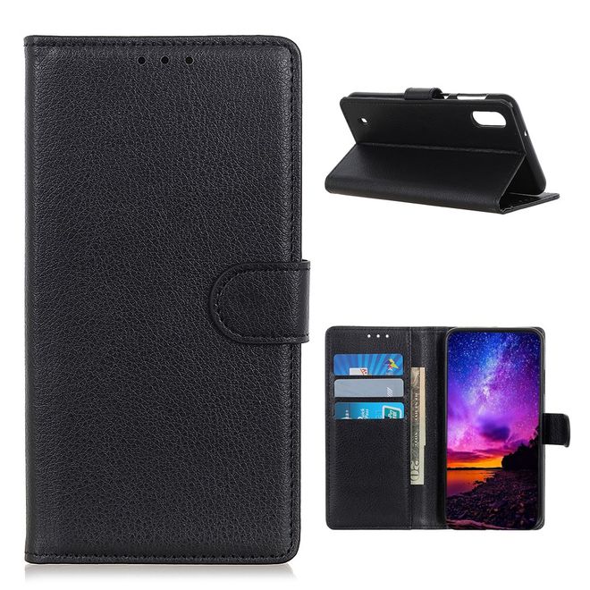 Wiko Y81 Handy Hülle - Litchi Leder Bookcover Series - schwarz