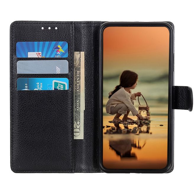LG K22 Handy Hülle - Litchi Leder Bookcover Series - schwarz