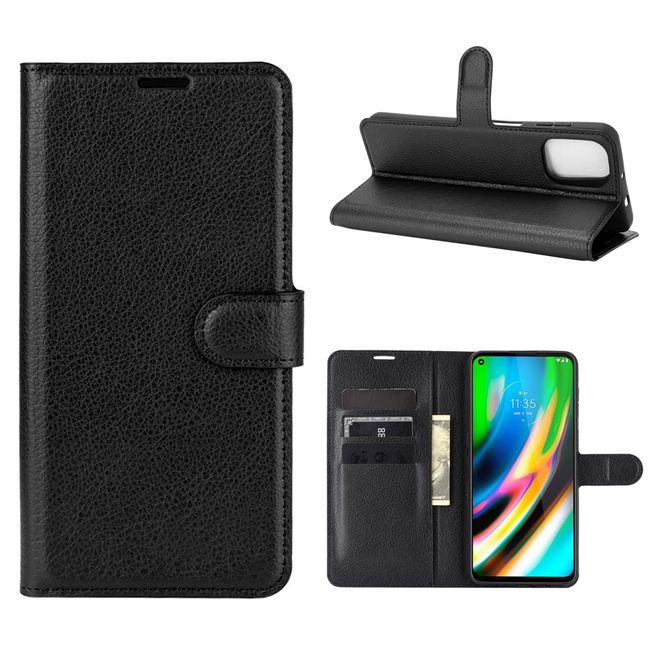 Motorola Moto G9 Plus Handy Hülle - Litchi Leder Bookcover Series - schwarz