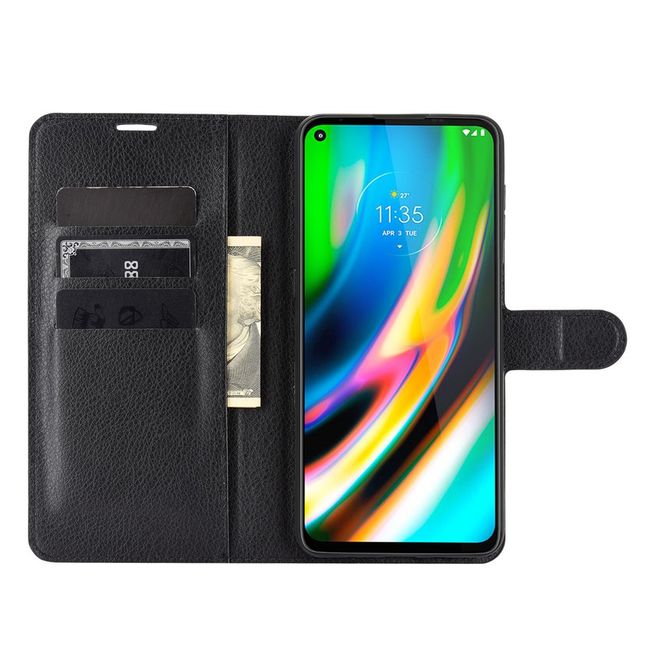 Motorola Moto G9 Plus Handy Hülle - Litchi Leder Bookcover Series - schwarz