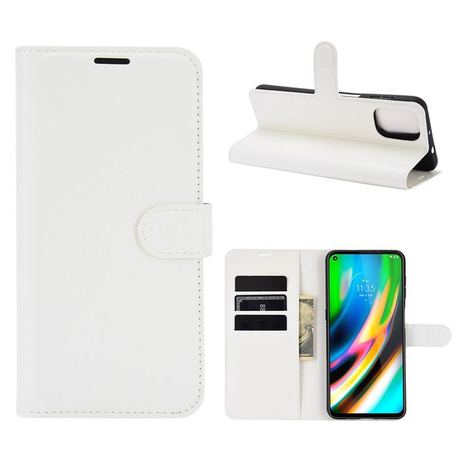 Motorola Moto G9 Plus Handy Hülle - Litchi Leder Bookcover Series - weiss
