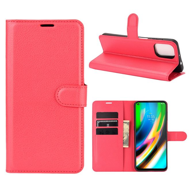 Motorola Moto G9 Plus Handy Hülle - Litchi Leder Bookcover Series - rot