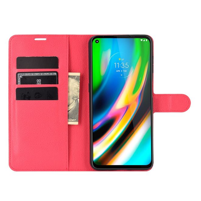 Motorola Moto G9 Plus Handy Hülle - Litchi Leder Bookcover Series - rot
