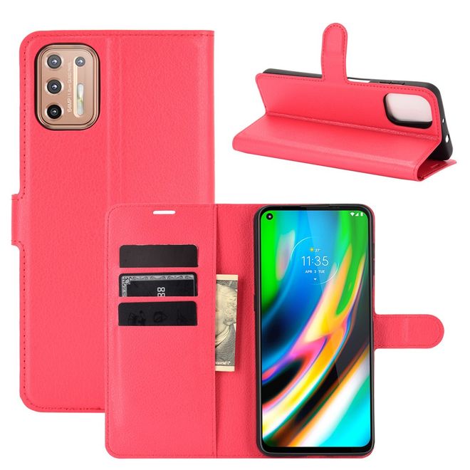 Motorola Moto G9 Plus Handy Hülle - Litchi Leder Bookcover Series - rot