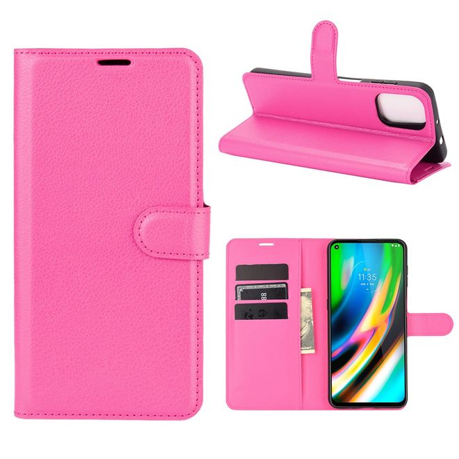 Motorola Moto G9 Plus Handy Hülle - Litchi Leder Bookcover Series - rosa