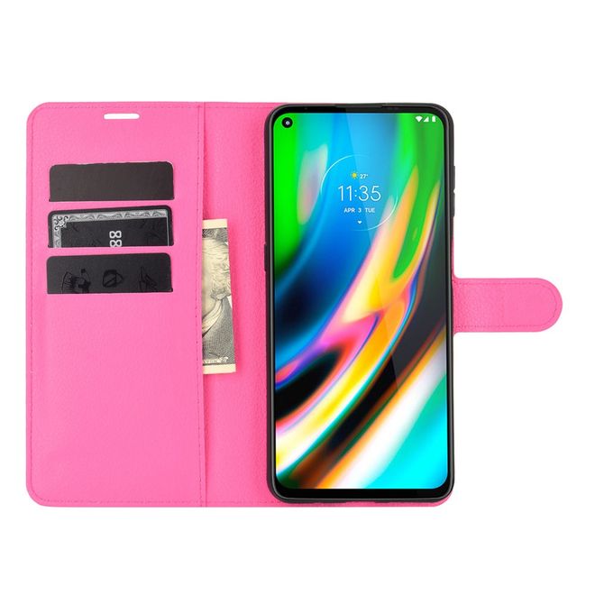 Motorola Moto G9 Plus Handy Hülle - Litchi Leder Bookcover Series - rosa