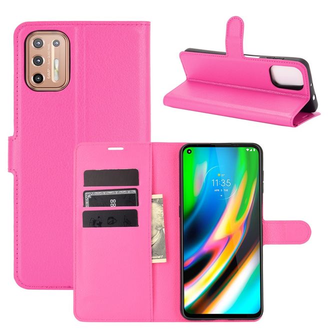 Motorola Moto G9 Plus Handy Hülle - Litchi Leder Bookcover Series - rosa