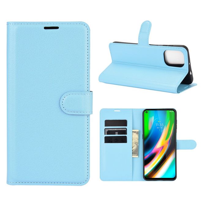 Motorola Moto G9 Plus Handy Hülle - Litchi Leder Bookcover Series - blau