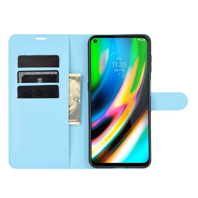 Motorola Moto G9 Plus Handy Hülle - Litchi Leder Bookcover Series - blau