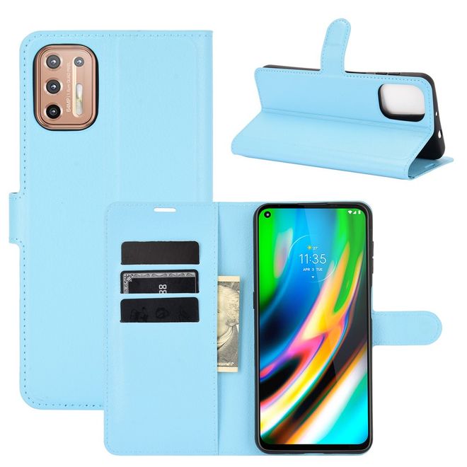 Motorola Moto G9 Plus Handy Hülle - Litchi Leder Bookcover Series - blau