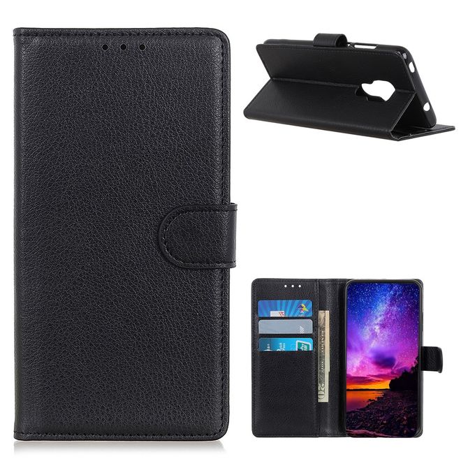 Motorola Moto G9 Play Handy Hülle - Litchi Leder Bookcover Series - schwarz