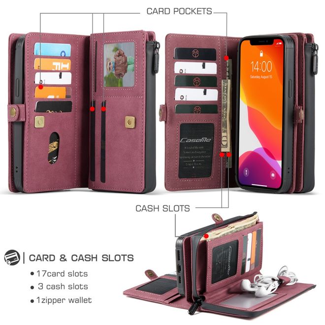 Caseme - iPhone 12 Pro Max Hülle - Leder Case mit abnehmbarer Plastik Hülle - rot