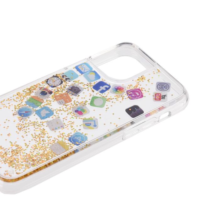 Coque pour iPhone 12 mini - Coque rigide en plastique avec paillettes et icônes d'applications - Argent