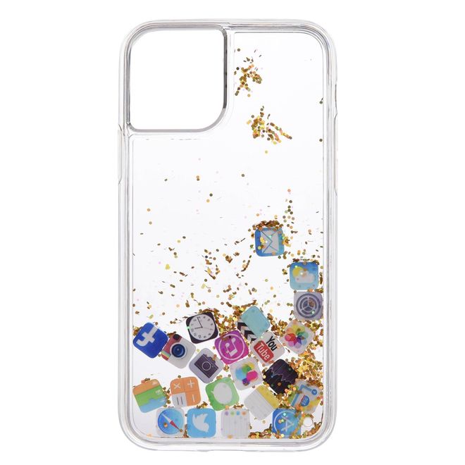 Coque pour iPhone 12 / iPhone 12 Pro - Coque rigide en plastique avec paillettes et icônes d'applications - Or