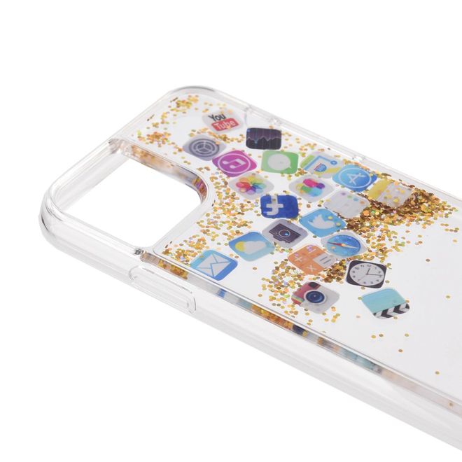 Coque pour iPhone 12 / iPhone 12 Pro - Coque rigide en plastique avec paillettes et icônes d'applications - Or