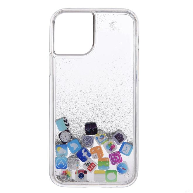 Coque pour iPhone 12 Pro Max - Coque rigide en plastique avec paillettes et icônes d'applications - Argent