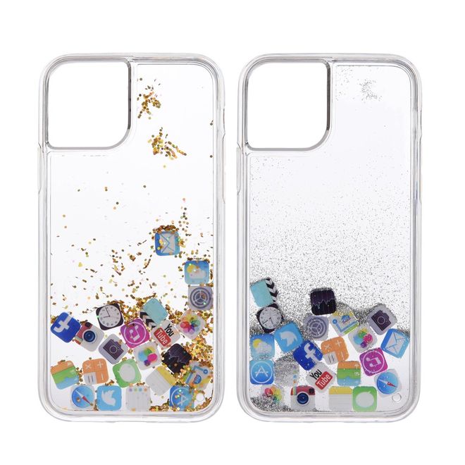 Coque pour iPhone 12 Pro Max - Coque rigide en plastique avec paillettes et icônes d'applications - Argent