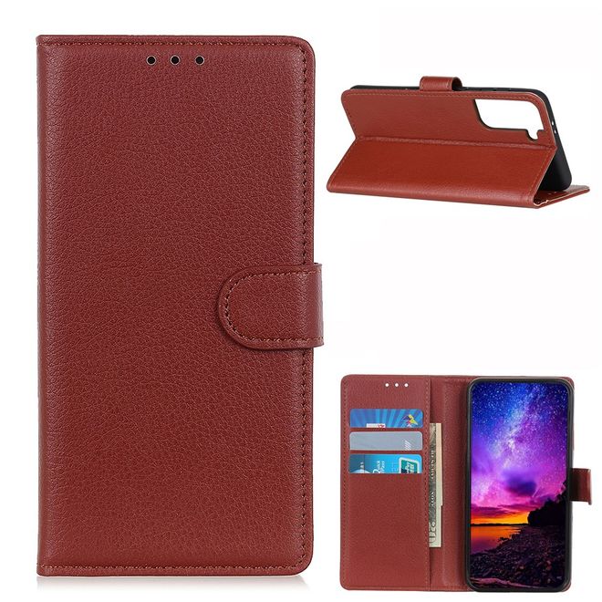Samsung Galaxy S21 Handy Hülle - Litchi Leder Bookcover Series - braun