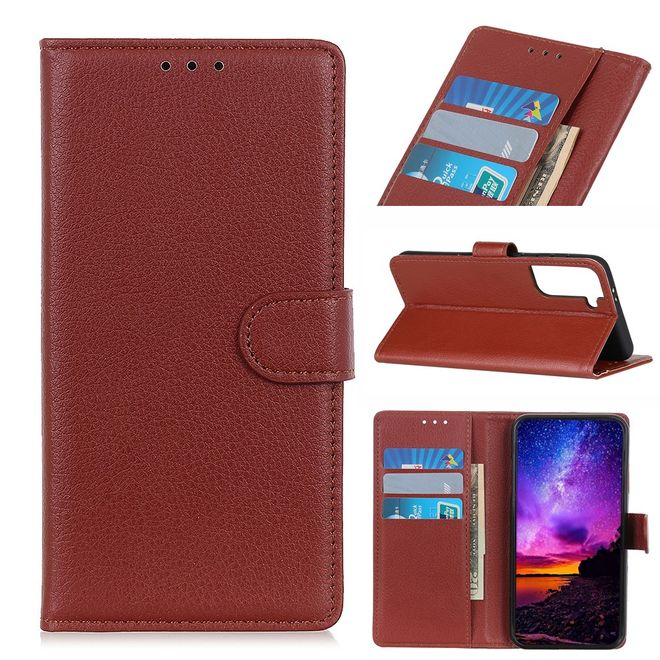 Samsung Galaxy S21+ Handy Hülle - Litchi Leder Bookcover Series - braun