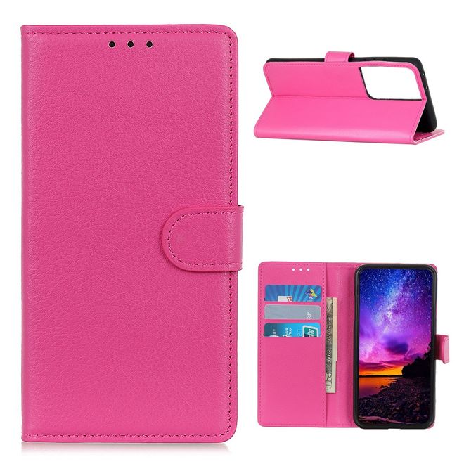 Samsung Galaxy S21 Ultra Handy Hülle - Litchi Leder Bookcover Series - rosa