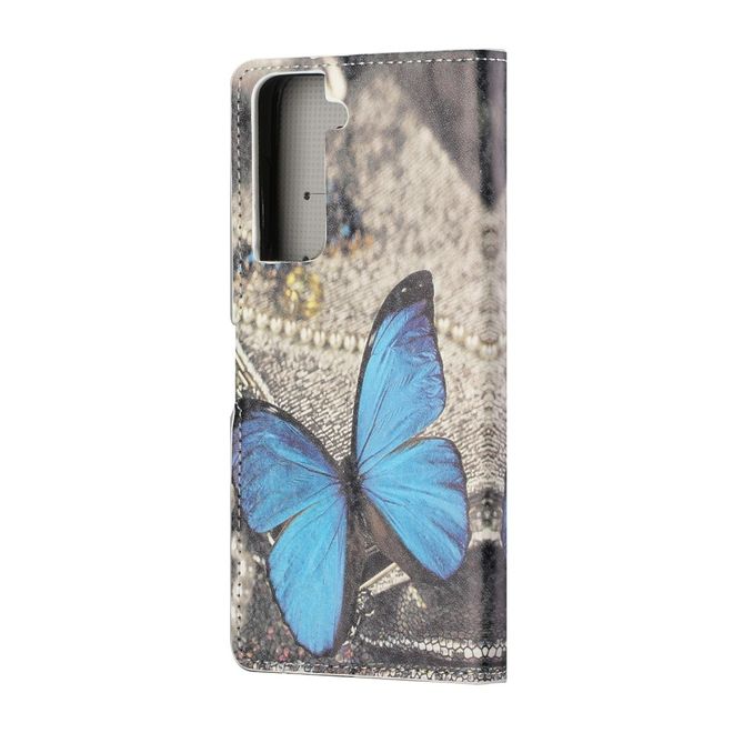 Samsung Galaxy S21 Handy Hülle - Leder Bookcover Image Series - blauer Schmetterling